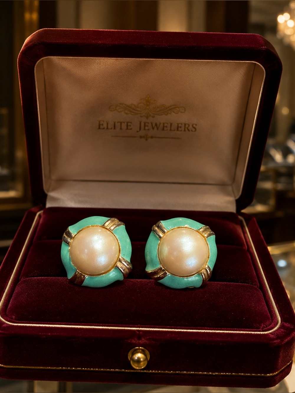 Donald Stannard Vintage Pearl Teal  & Gold Enamel earrings Janis Paige Estate